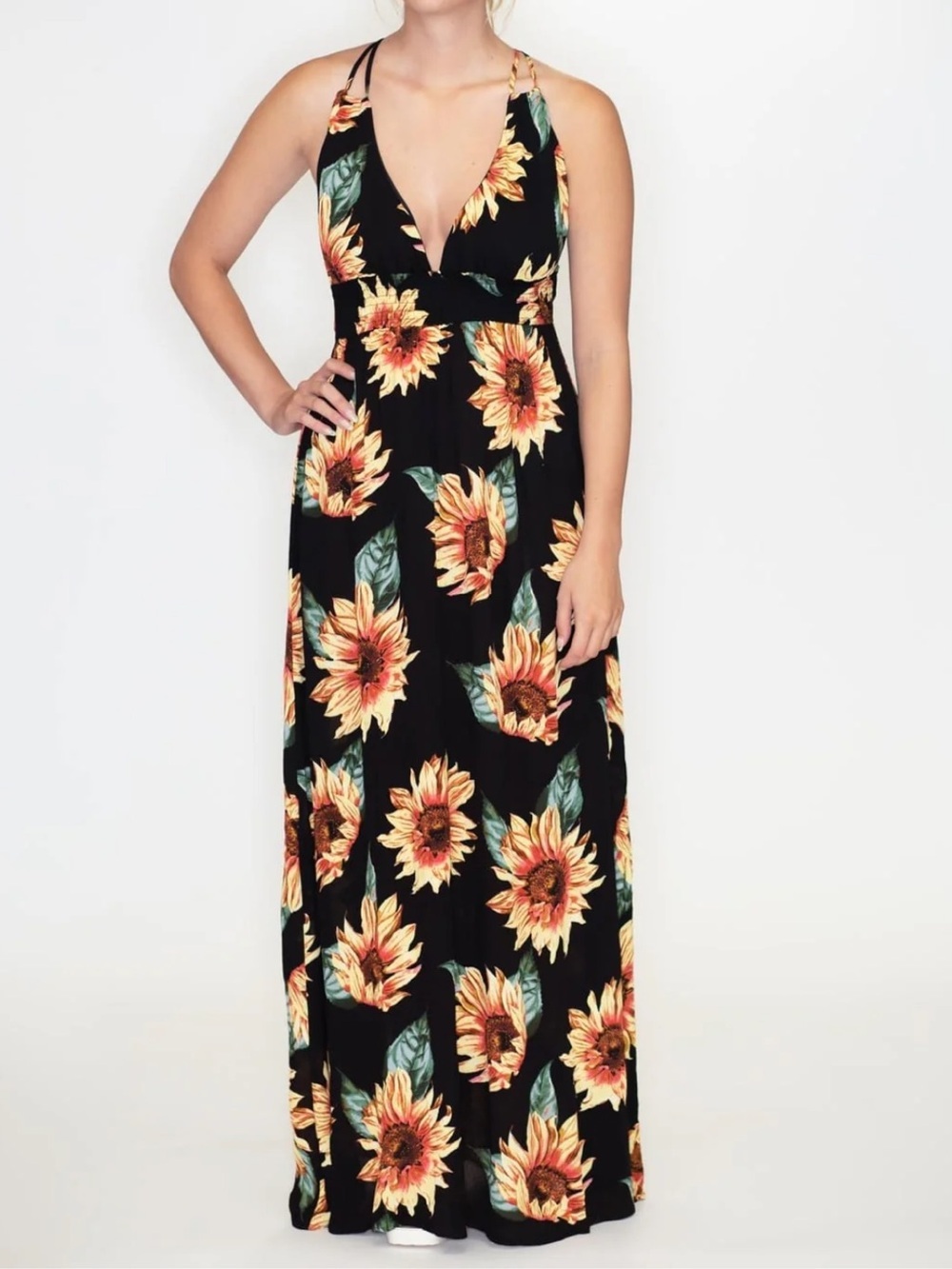 Timing Black Sunflower Print V-Neck Maxi Dress